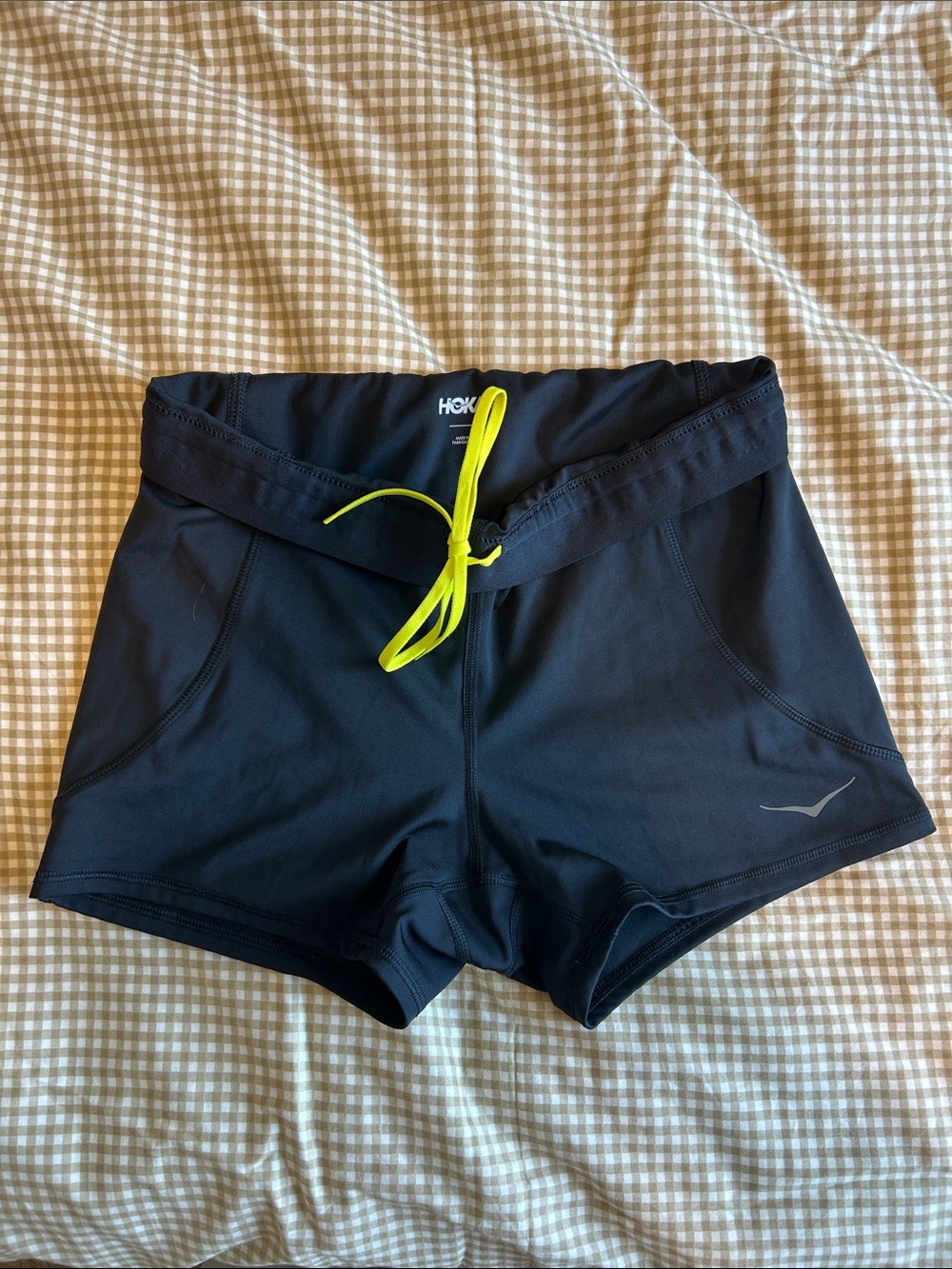 Hoka Black Running Shorts with Neon Yellow Green Drawstring